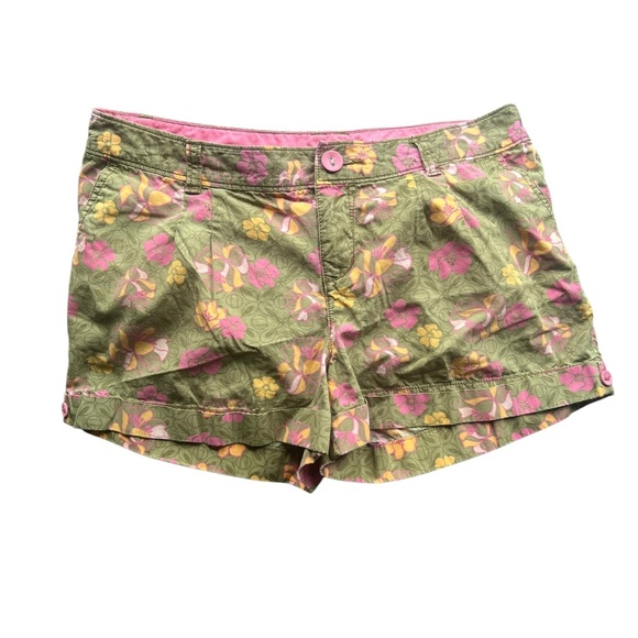 Y2K Vintage Green & Pink Hibiscus Flower Short Shorts Sz 9 - Picture 1 of 4